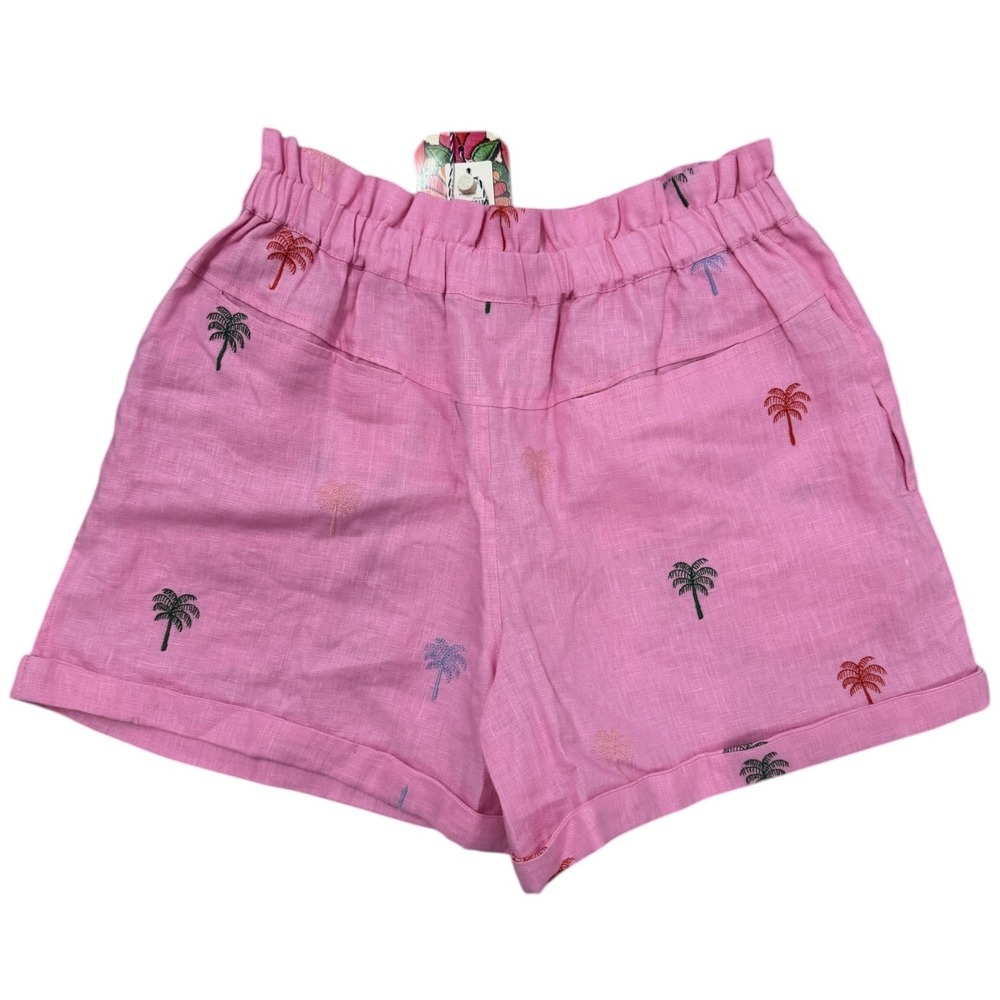 Farm Rio Anthropologie Womens Shorts S Pink Linen Palm Tree Embroidered NWT - Picture 3 of 9